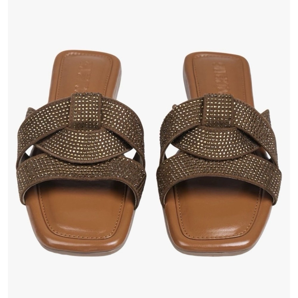 Womens Flat Slide Sandals Faux Leather Rhinestone Glitter Bling Casual Brown 8